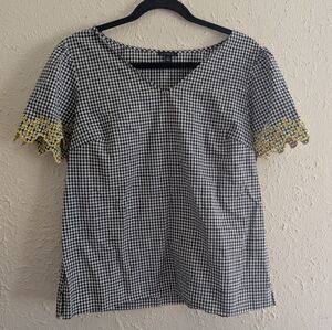 Ann Taylor Gingham Checkered Top with Yellow Lace Embroidered Detail